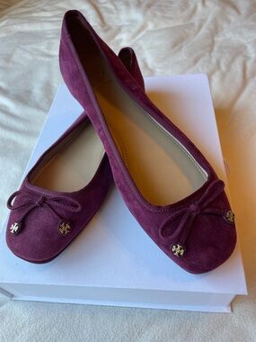 Tory Burch Maroon Suede Bow Ballet Flats with Logo Charms